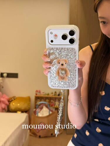 U2 可爱银色亮片宝石小熊适用于iPhone17promax新款小众手机壳苹果16pro女15个性防摔保护套
