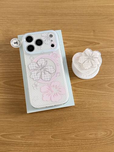U2 韩系ins格子扶桑花适用苹果18pro双层iPhone17支架16磁吸手机壳个性少女简约15防摔保护套