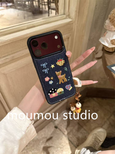 U2 秋冬牛仔蓝刺绣小鹿适用于苹果18promax手机壳17pro保护套16女款