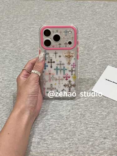 U2 韩系透明立体彩钻十字架适用苹果18pro双层iphone17/16全包手机壳