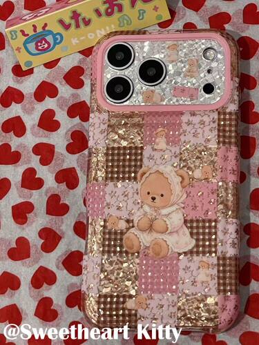 U2 ins古早闪钻小碎花格纹小熊适用iphone17promax苹果16手机壳15女