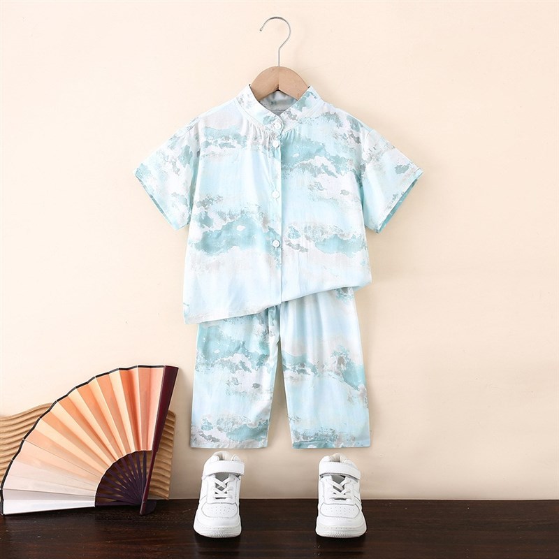 夏季儿童国风家居服小孩子棉绸睡衣套装中式短袖长裤男女童空调服