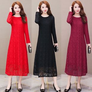2021春夏季 长袖 黑色蕾丝连衣裙女装 韩版 打底长裙 遮肚胖mm大码 长款