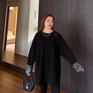 国风卫衣女加厚中长款200斤大码女装胖mm宽松加绒复古新中式上衣