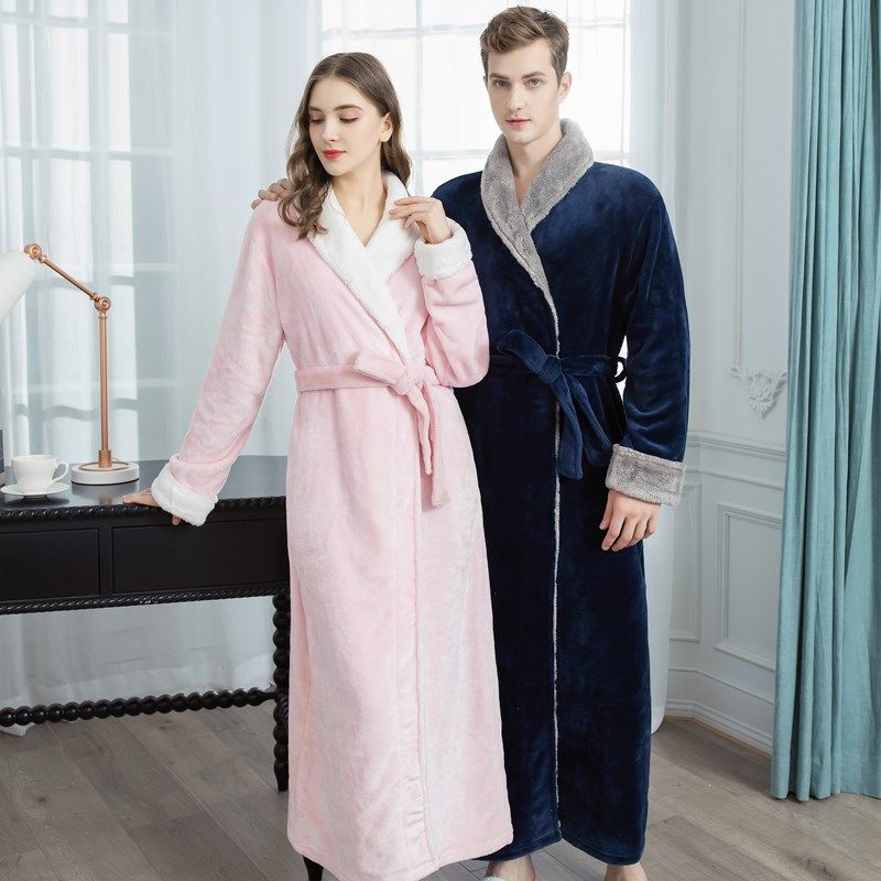 浴袍女款秋冬季加长款法兰绒加厚加绒情侣睡衣珊瑚绒长袍男士睡袍