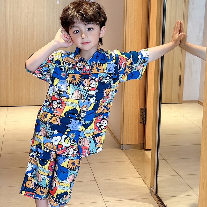 一家三口亲子儿童睡衣短袖四口夏季棉绸薄男女童可外穿家居服套装
