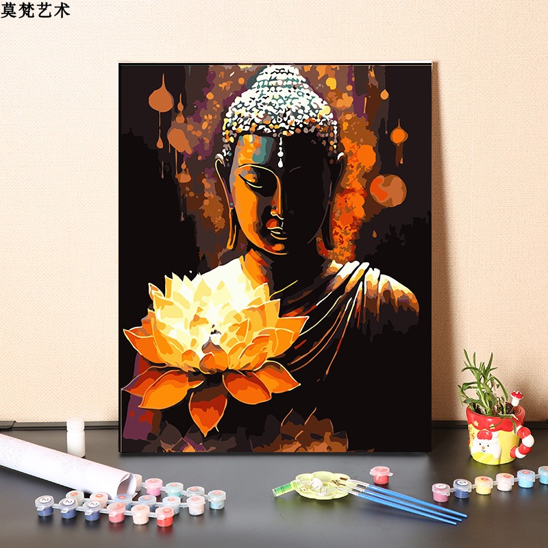 数字油画diy填充手工填色中式莲花佛像客厅装饰涂色丙烯油彩画画图片