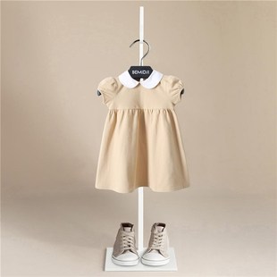 夏装 小女孩儿童公主裙子英伦风 白娃娃领短袖 连衣裙全棉2021年新款
