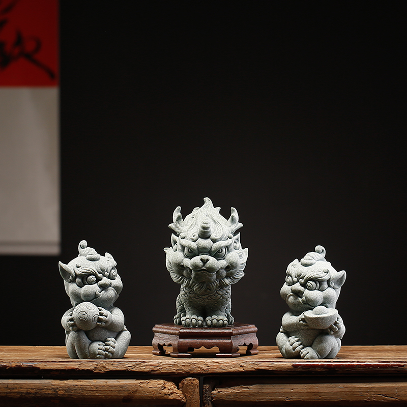 青砂石石狮子小号新中式中国风桌面摆件创意鱼缸盆景造景小摆设