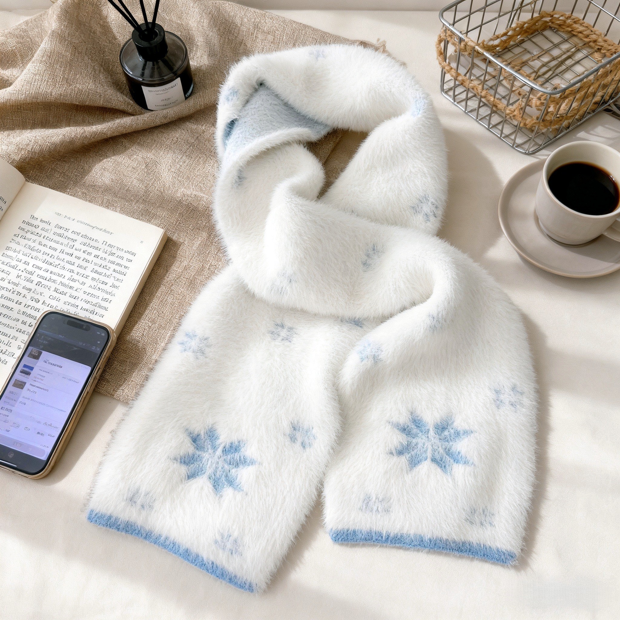 蓝色雪花韩系氛围感女冬季围巾新款保暖日系学生百搭可爱毛绒围脖