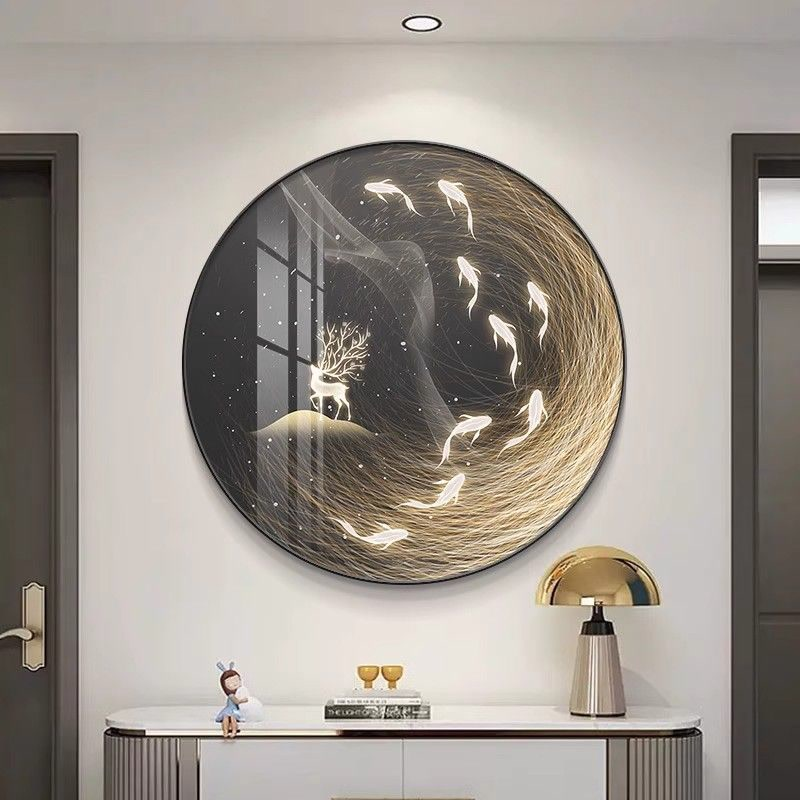轻奢入户现代玄关圆形九鱼装饰画客厅背景墙走廊壁画过道餐厅挂画图片