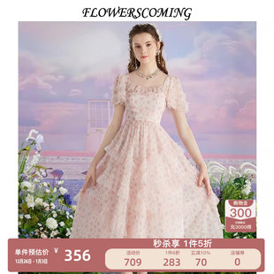 超仙网纱印花连衣裙女高腰设计感公主裙 法式 花儿开了2025夏季 新款