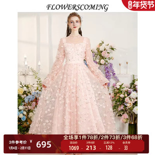 花儿开了2026春季新款粉色甜美长款连衣裙女圆领网纱立体花朵长裙