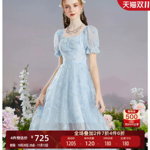花儿开了2026夏季新款复古法式连衣裙女蓝色仙气公主风中长款裙子