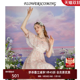 花儿开了2026夏季新款雪纺印花一字肩连衣裙女高腰复古风公主裙子