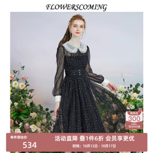 花儿开了2026秋季新款复古网纱波点烫钻连衣裙女赫本风撞色公主裙