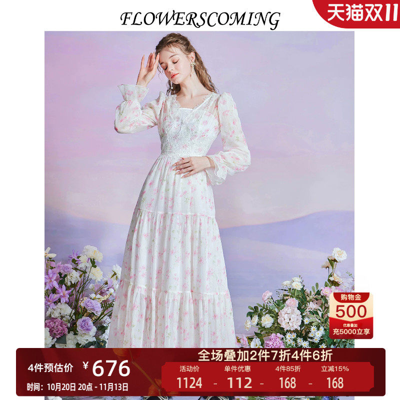 花儿开了2026年秋季新款白色印花法式复古中长款连衣裙显瘦仙女裙