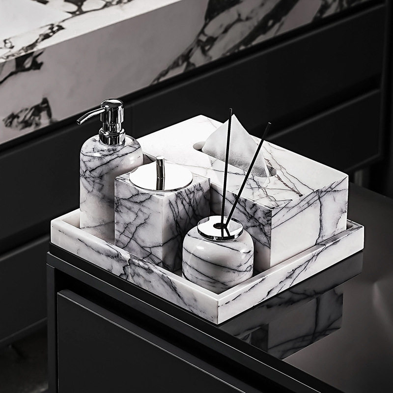LUXSKI大理石浴室用品套件酒店卫生间纸巾盒香雪梅奢石样板房摆件