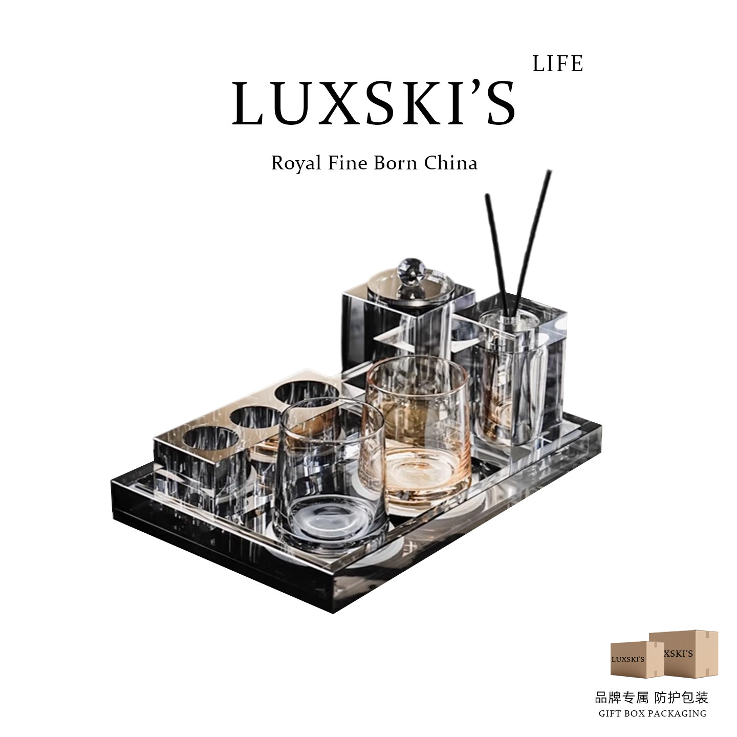 LUXSKI意式轻奢水晶牙刷架置物架主卫生间洗漱台面刷牙杯收纳托盘