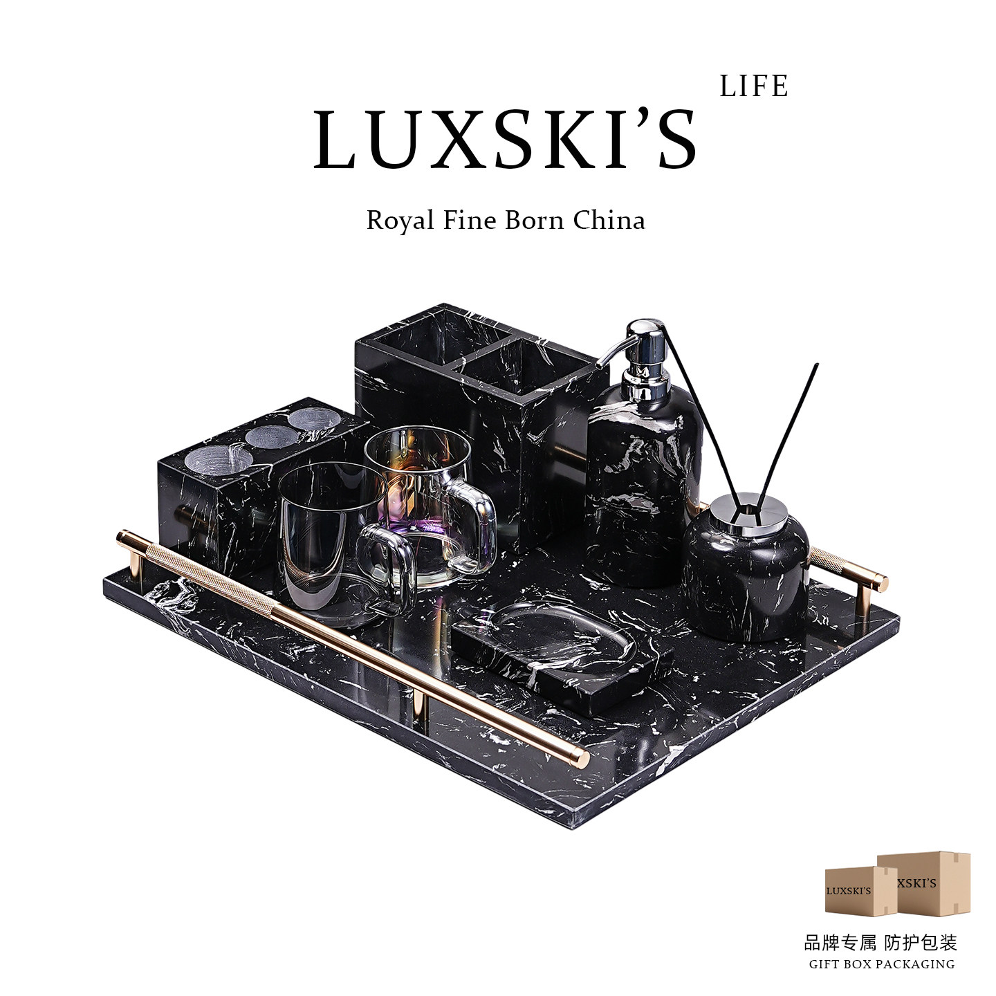 LUXSKI水墨黑大理石牙刷置物架民宿酒店高级感漱口杯套装收纳托盘