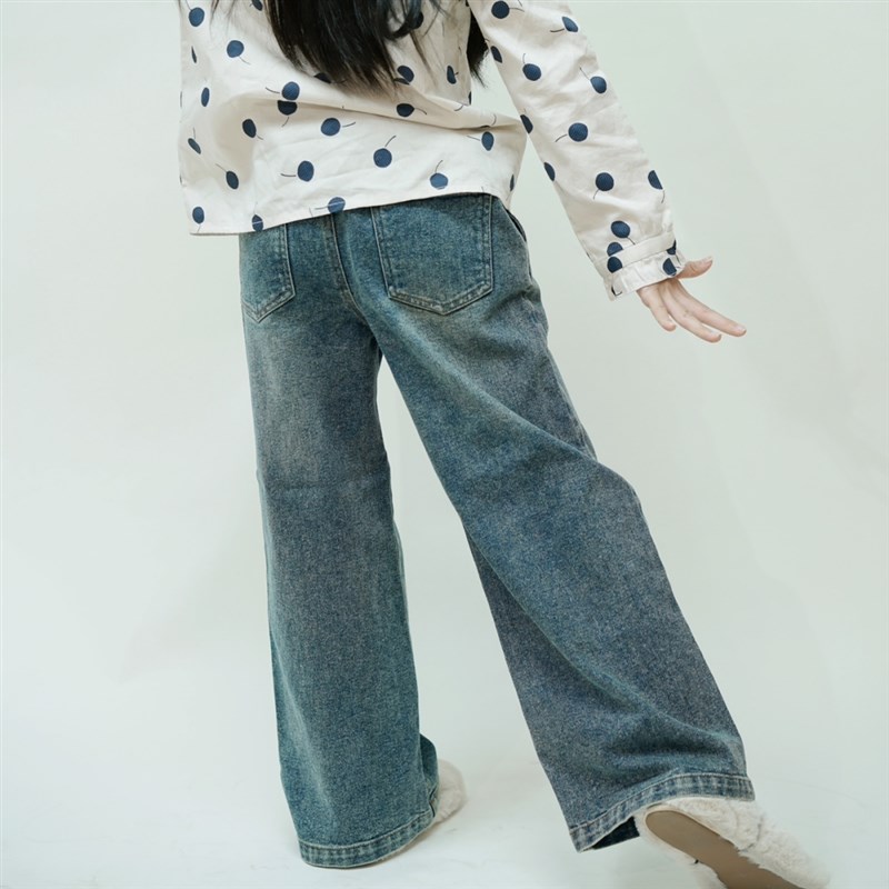 女童复古蓝色阔腿牛仔裤 儿童水洗宽腿长裤 秋冬纯棉牛仔喇叭裤