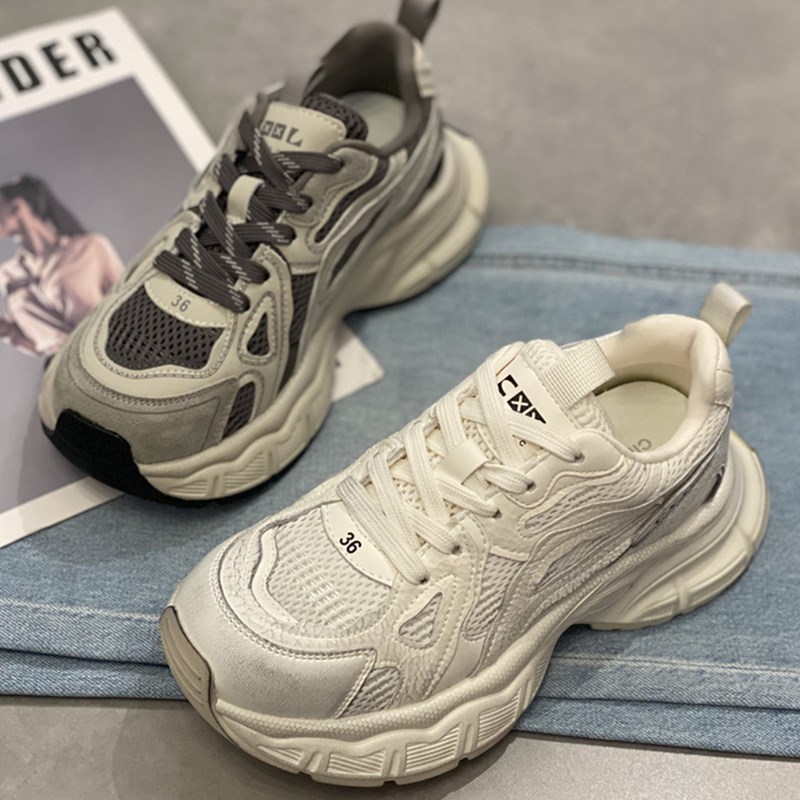 厚底网面舒适系带防滑老爹鞋女2025春季新款增高洋气休闲运动鞋女