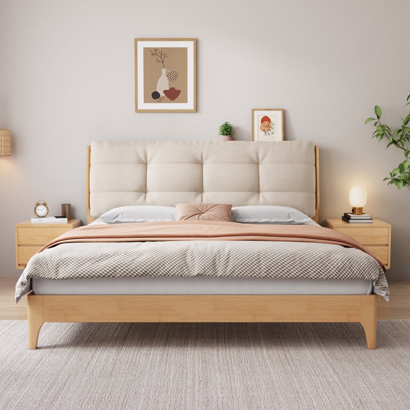 现代简约奶油风主卧大床北欧云朵软包双人床日式原木风实木床