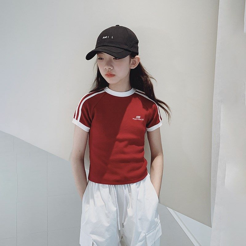 女大童短袖t恤2025夏季新款初中生复古运动短款上衣青少年夏装潮图片
