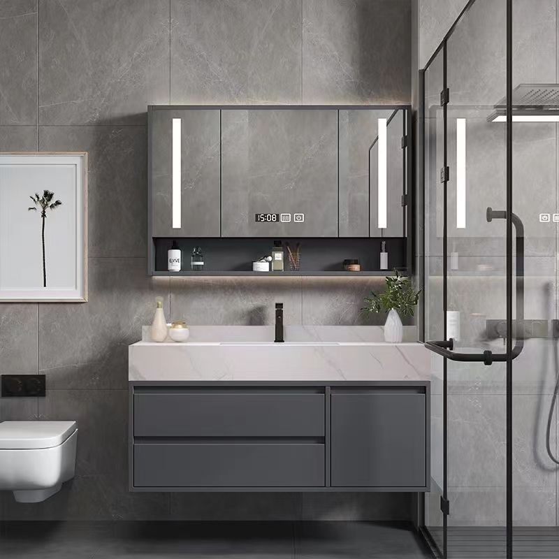 现代智能镜柜岩板一体浴室柜组合免漆实木卫生间套装洗漱台洗脸盆