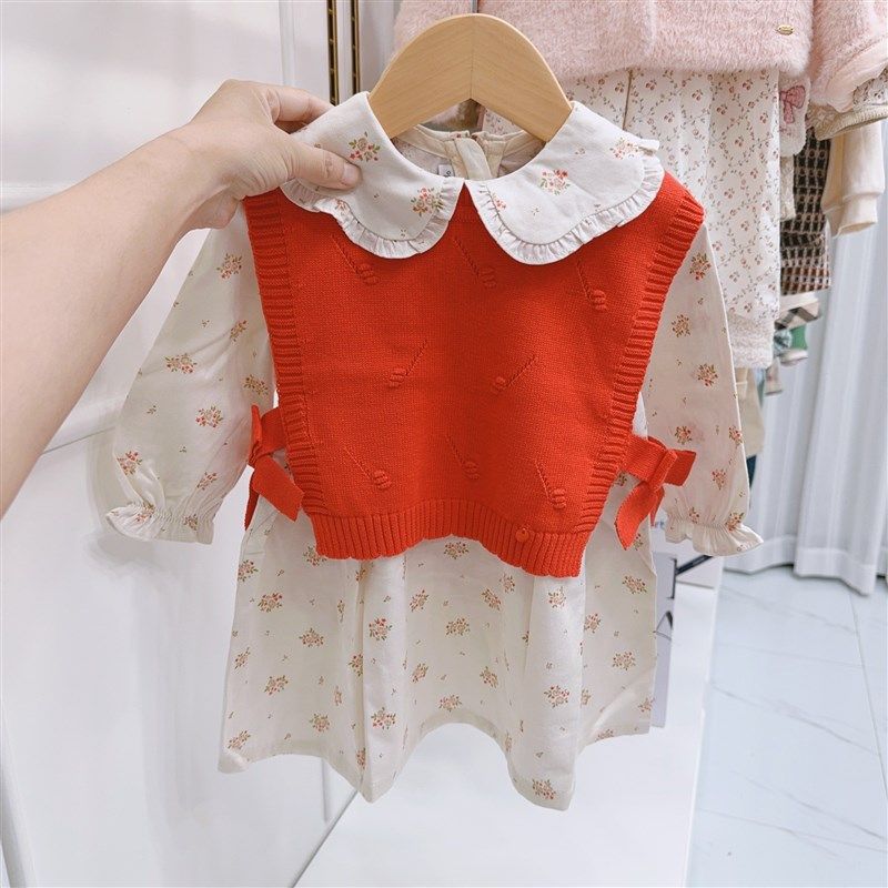 韩国童装 24秋冬新款女童宝翻领碎花甜美洋气连衣裙+针织马甲套装