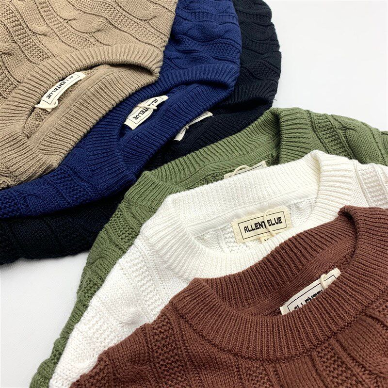 全棉毛衣男圆领套头粗针麻花毛衫日系复古宽松港风咔叽纽花毛线衣