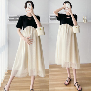 孕妇装夏季短袖连衣裙中长款拼接网E纱裙夏天A字裙韩版过膝长裙女