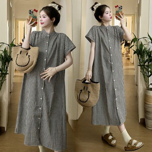 大码孕妇装连衣裙夏季复古文艺气质宽松格子可哺乳衬衫长裙200斤