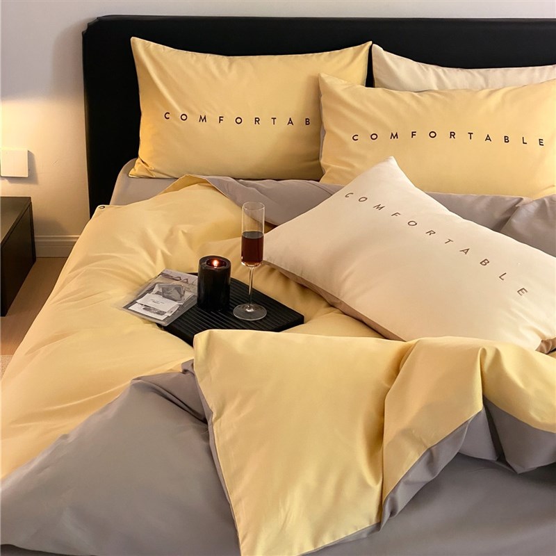 秋冬季100支撞色全棉磨毛字母刺绣四件套轻奢风纯棉被套床单床品