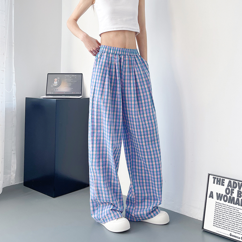 薄款松紧格子休闲裤大码胖mm女夏季显瘦宽松阔腿裤高腰直筒长裤子