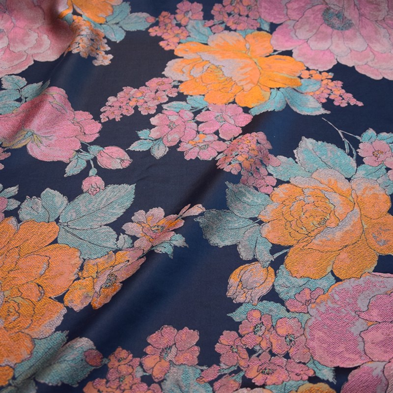 宽门幅深藏青底粉黄色大牡丹色织真丝宋锦香云纱旗袍布料礼服面料
