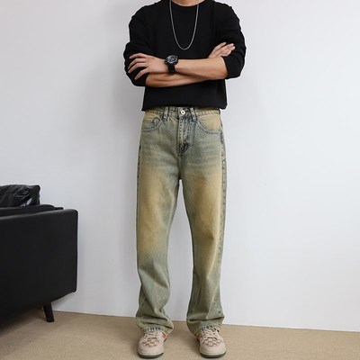 2025新款春夏季m美式复古做旧水洗黄泥染色牛仔裤男款宽松直筒裤