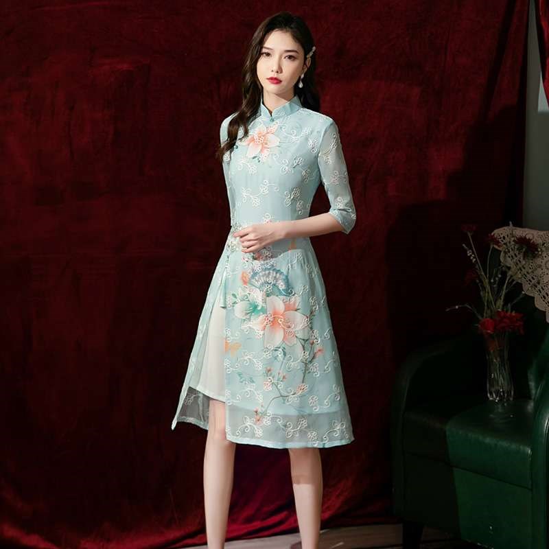 新式中国风c唐装改良旗袍连衣裙女2024新款年轻妈妈礼服小个子汉