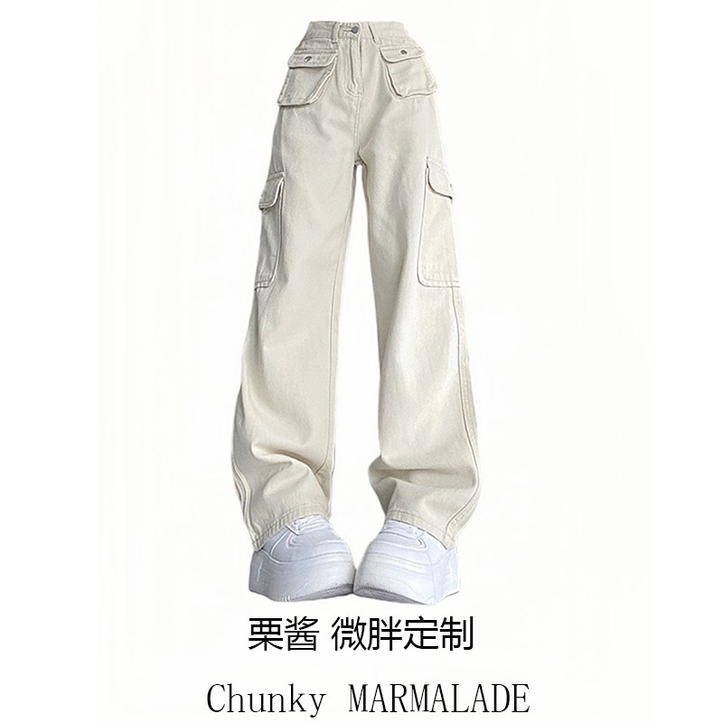 大码美式复古高腰牛仔工装裤夏季新款多口袋宽Q松直筒显瘦休闲长