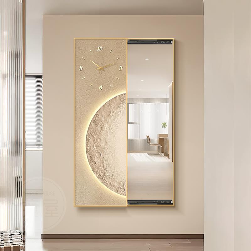 隐形穿衣镜月球壁画推拉隐藏式全身镜装饰画客厅镜子挂墙画带钟表