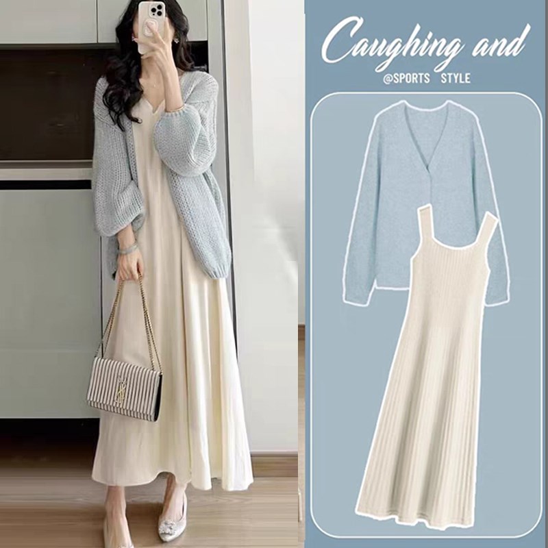 孕妇秋装连衣裙2024新款针织吊带裙早秋宽松开衫外套秋季大码套装