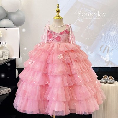 绝美公主裙女童夏款儿童粉色吊带高端蛋糕裙小女孩重工礼服连衣裙