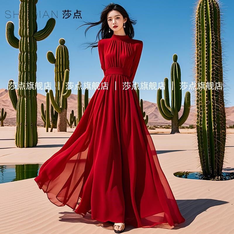 2025新款女装红色高个子雪纺长袖连衣裙海边沙滩度假大摆长款长裙