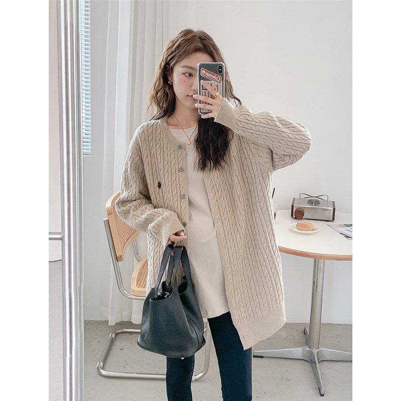 韩系慵懒风孕妇麻花毛衣外套女秋冬季宽松中长版气质针织开衫上衣,孕妇装/孕产妇用品/营养,毛衣,淘宝优惠券,粉丝福利购,淘宝优惠卷