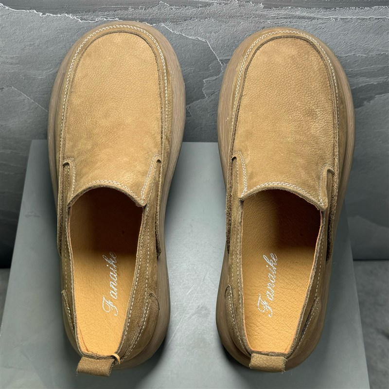 头层牛皮透气手工皮鞋男士休闲厚底软皮宽脚磨砂真皮一脚蹬懒人鞋