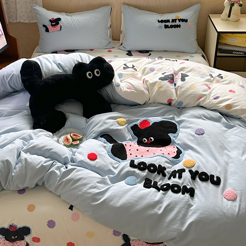 卡通毛巾绣床上四件套2024新款非全棉纯棉宿P舍床单被套三件套床