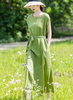 高档绿色素简订亚麻棉麻连衣裙女夏天薄款2024新款收腰裙子夏季