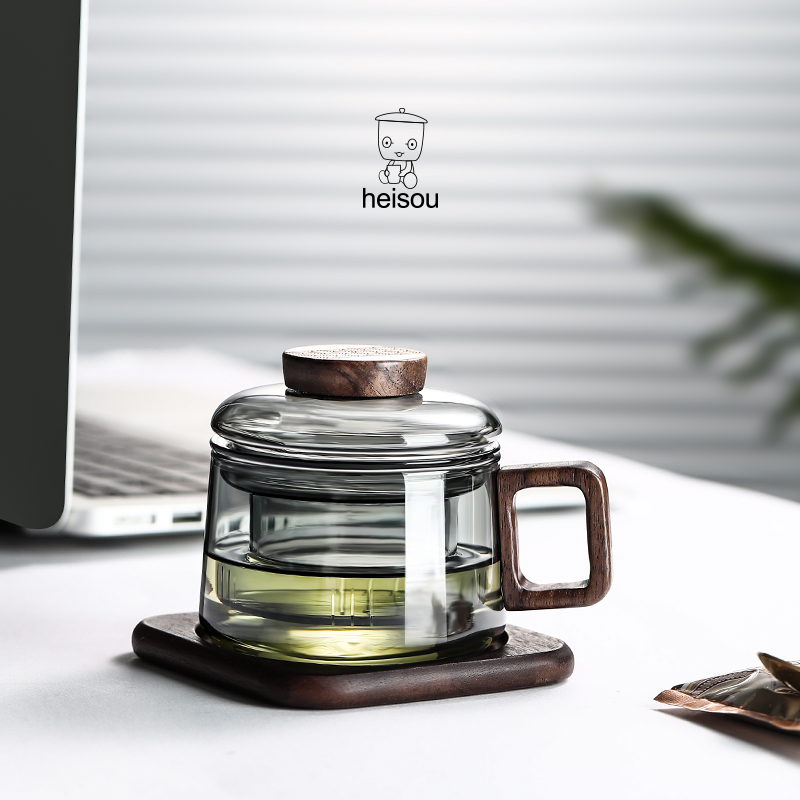 迷你墩墩杯玻璃泡茶杯办公室小容量喝水杯家用木把茶水分离花茶杯