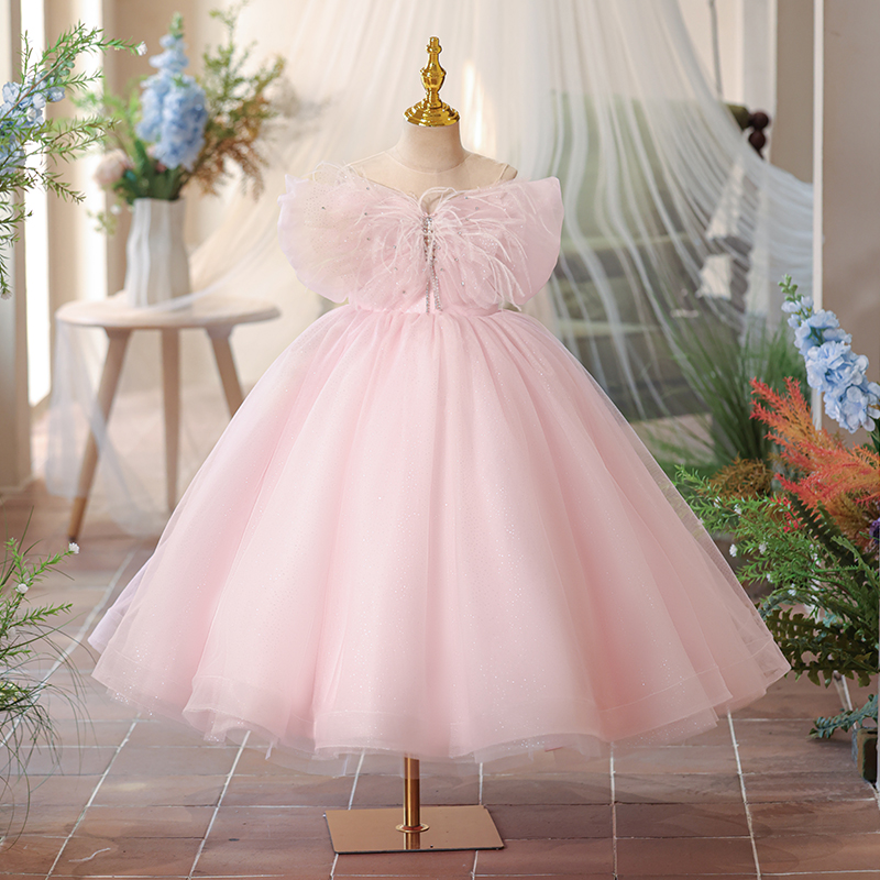 小主持人礼服女童2024新款夏季儿童粉色公主裙花童生日钢琴演出服