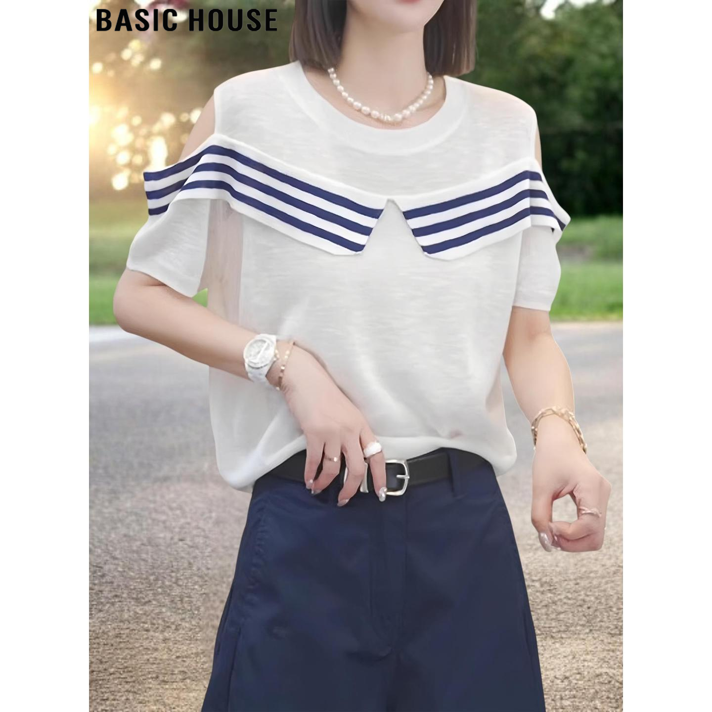 Basic House/百家好法式露肩条纹短袖针织衫女夏薄款宽松冰丝上衣